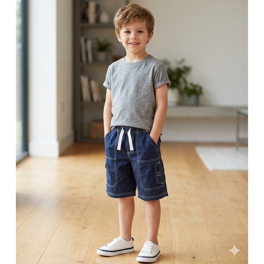 OshKosh Bgosh Boys Navy Blue Cargo Shorts Contrast Stitch Elastic Waist Size 6